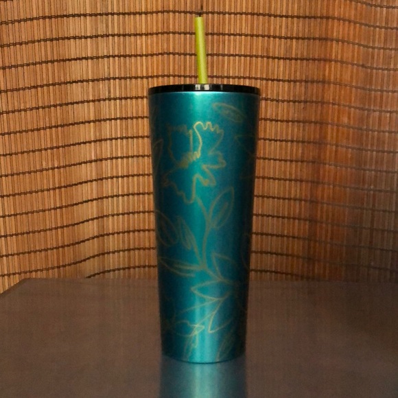 NEW STARBUCKS Teal with Gold Floral Print Design Collectors Venti 24oz Cold Cup - Picture 4 of 8